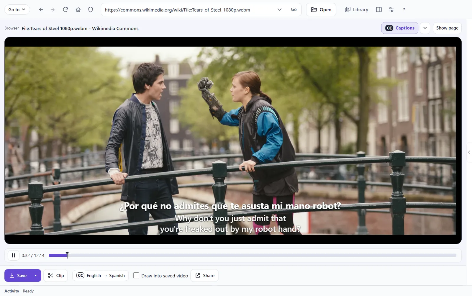 The film playing in Snagcast on Windows, with a Spanish caption over the English one.