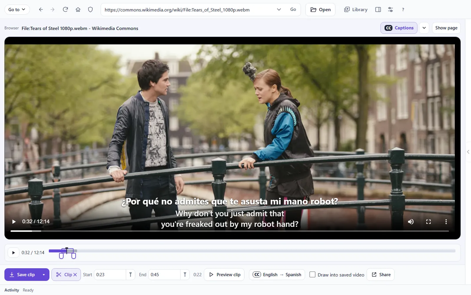 Clip on Windows: Start 0:23, End 0:45, with Save clip and the caption languages below the video.