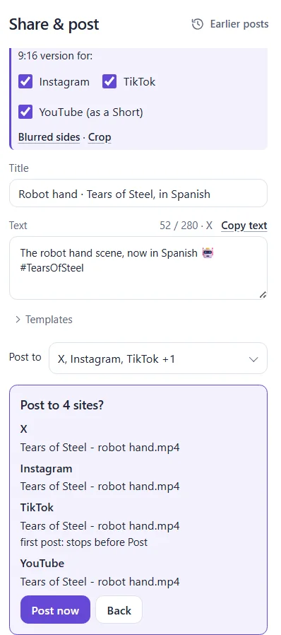 Snagcast asking Post to 4 sites?, listing X, Instagram, TikTok and YouTube, with Post now and Back.