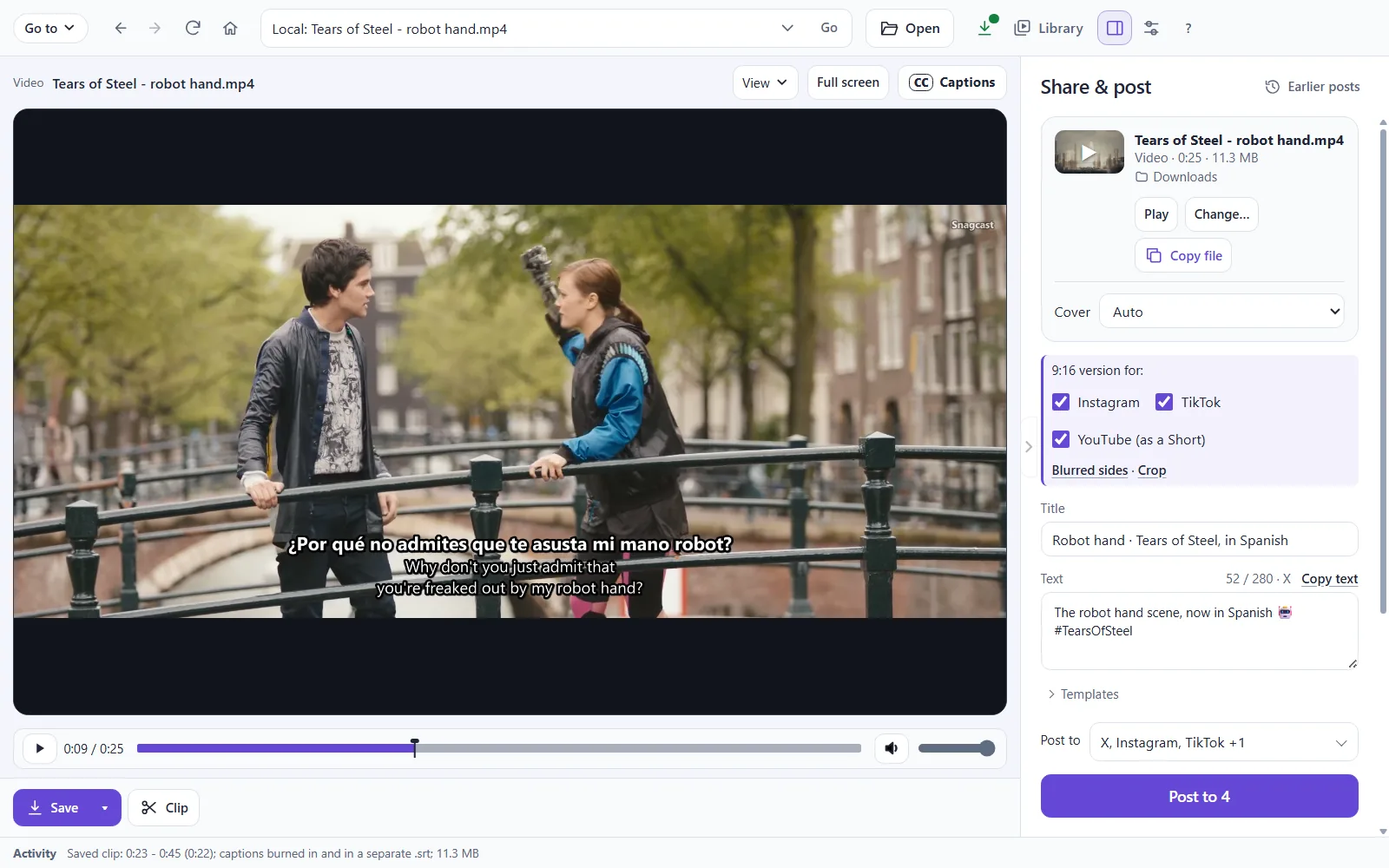 Share & post on Windows: the saved clip, its title and text, and X, Instagram, TikTok and YouTube chosen.