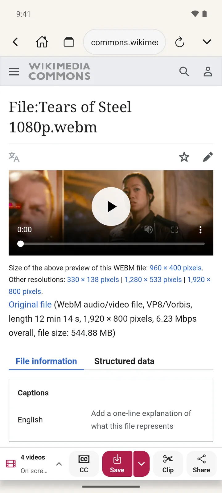 A video's page on Android with CC, Save, Clip and Share in the bar below it.